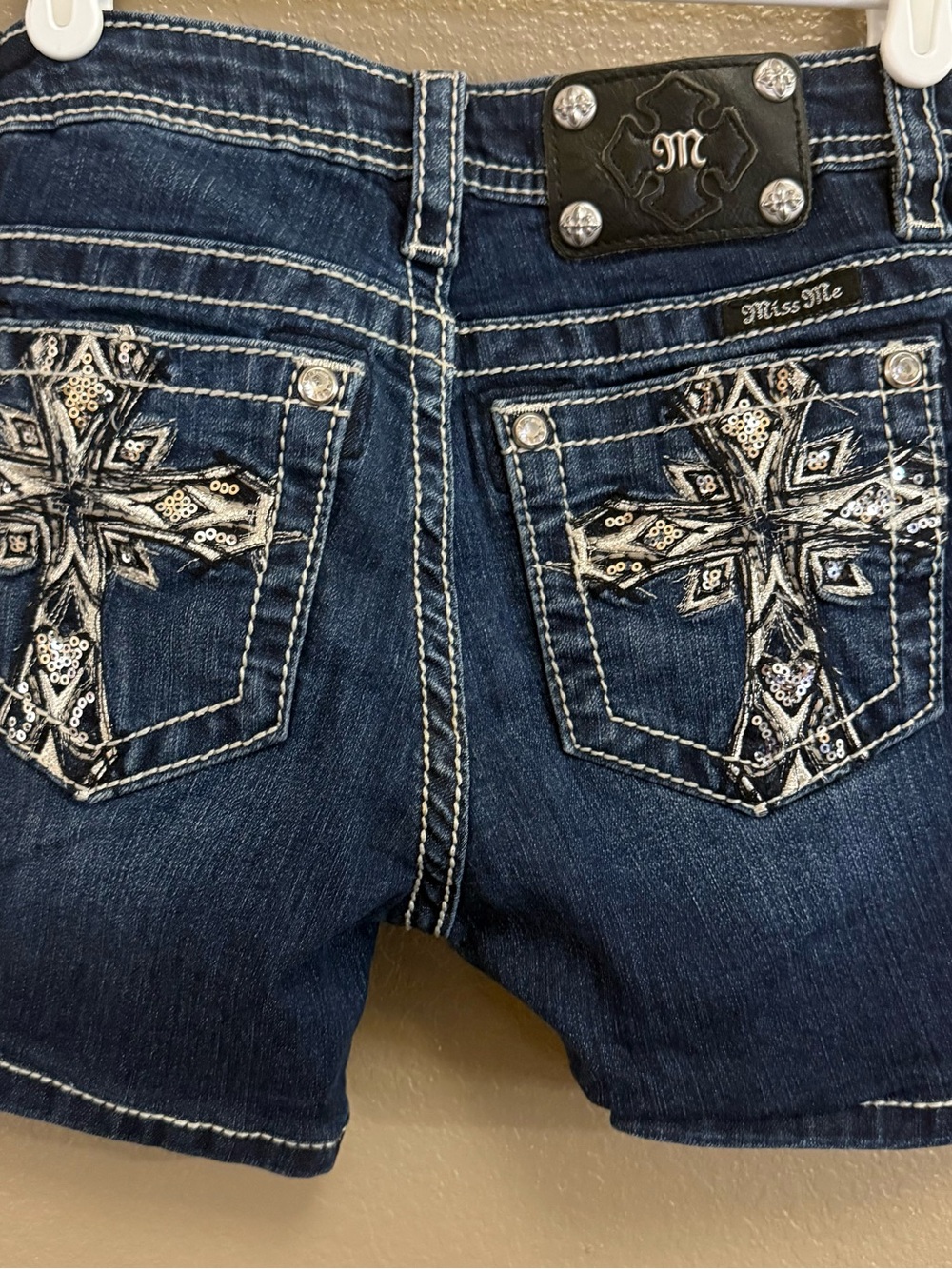 Miss Me Dark Blue Denim Boyfriend Shorts with Sequin Cross Pockets
